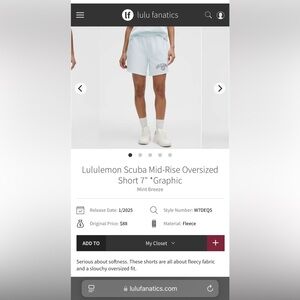 NWT Lululemon Scuba Mid-Rise Oversized Short 7" *Graphic
Mint Breeze